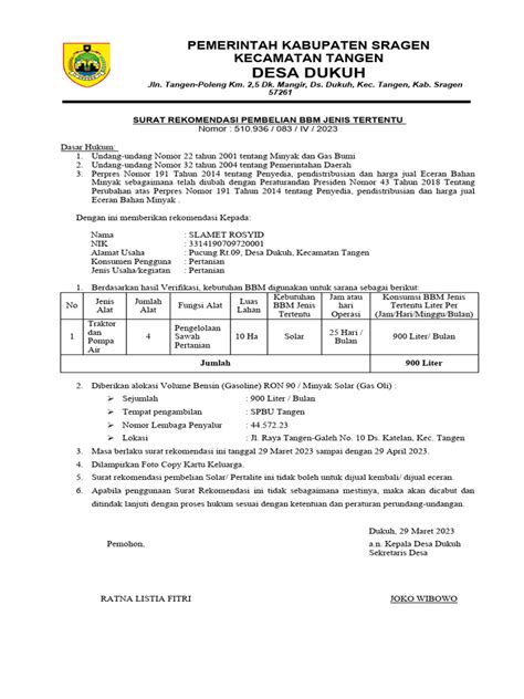 Contoh Surat Rekomendasi Pembelian Jenis Bbm Solar Pdf