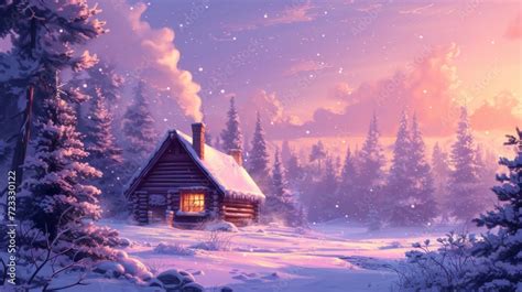 Cartoon-style cozy cabin in a snowy forest, smoke rising from the ...