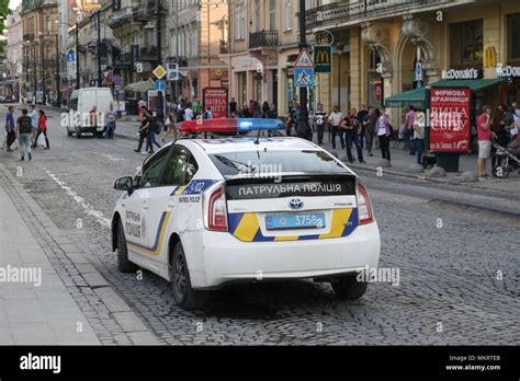 Ukrainian Patrol Police Unit Toyota Prius car is seen in Lviv, Ukraine ...