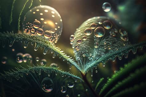 Abstract Macro Fantasy Of Dew Or Raindrops On Forest Plants In Golden