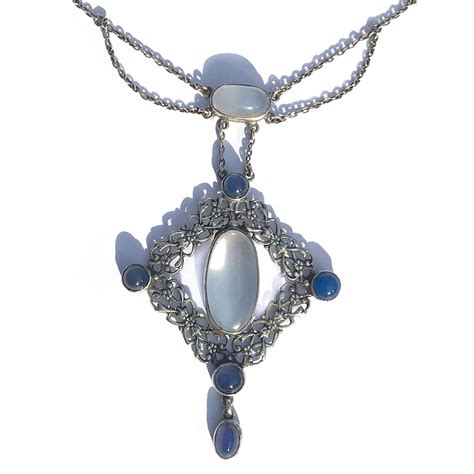 Arts Crafts Silver Moonstone Chalcedony Necklace Attributed To Amy