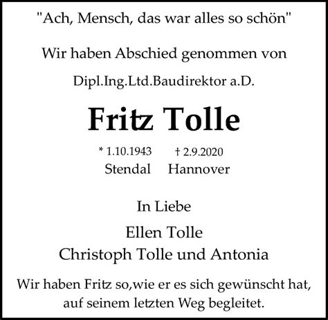 Traueranzeigen Von Fritz Tolle Trauer Anzeigen De