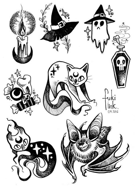 an ink drawing of various halloween tattoos