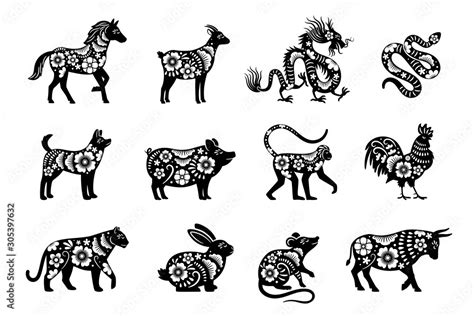 Traditional chinese horoscope with flowers. Chinese new year animals set, tiger and snake ...