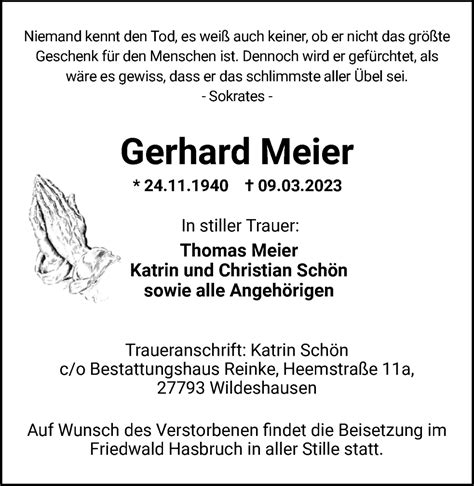 Traueranzeigen Von Gerhard Meier Nordwest Trauer De