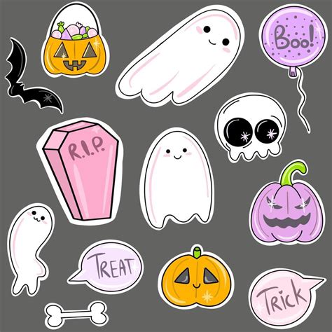 Vector Big Set Of Cute Halloween Stickers Ghosts Skull Coffin