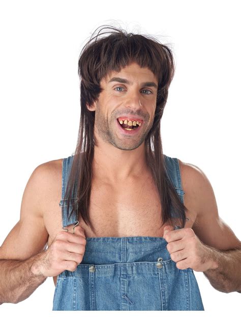 Hillbilly Hearthrob Redneck Brown Mullet Wig And Teeth Kit Adult Costume