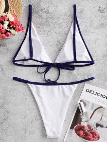 Zaful Contrast Piping High Leg String Bikini Swimsuit In White Zaful