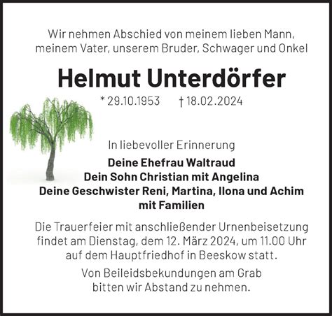 Traueranzeigen von Helmut Unterdörfer Märkische Onlinezeitung