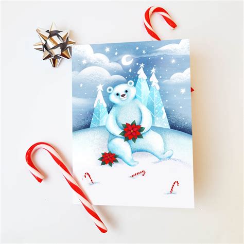 Polar Bear With Poinsettia Christmas Card Greeting Cards Etsy