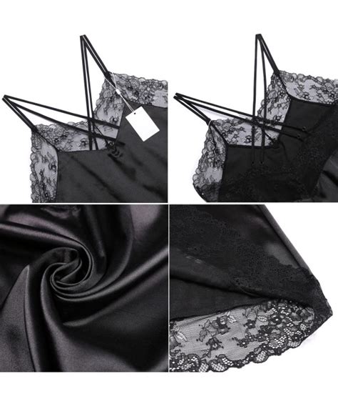 Women V Neck Lace Sleepwear Satin Chemises Sexy Lingerie Nightwear Xs Xxl Black C Ihrue