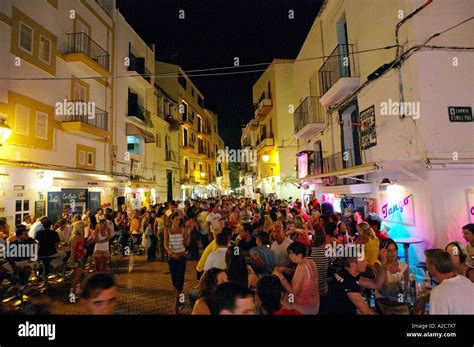 Narrow Streets With Cafes And Bars At Night In Old Town Ibiza Island Of