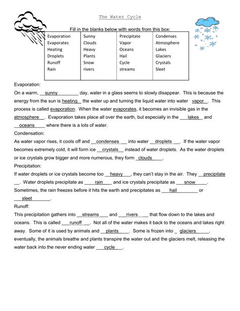 Water Cycle Worksheet Answer Key