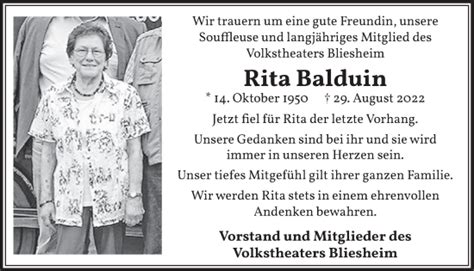 Traueranzeigen Von Rita Balduin WirTrauern