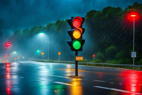 Premium PSD | Heavy rain on road with focus lights and traffic light ...