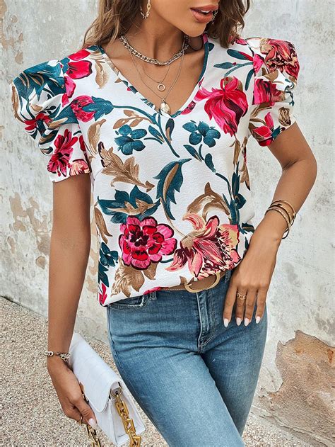 Shein Clasi Floral Print Puff Sleeve Tee Shein Usa