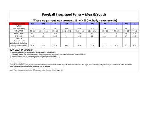 Men & Youth Football Integrated Pants Size Chart Download Printable PDF | Templateroller