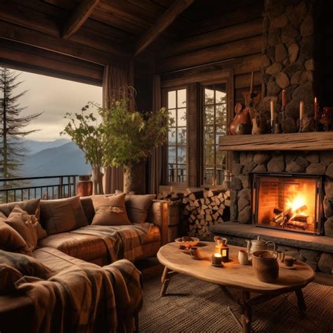 Premium AI Image | Wooden Cabin Living Room with Fireplace