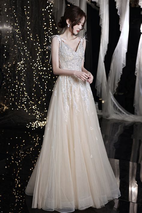 Champagne V Neck Tulle Beads Long Prom Dress Evening Dress On Luulla