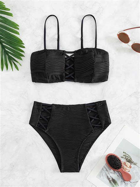 Shein Swim Bae Textured Bikini Set Criss Cross Cami Bra High Waisted