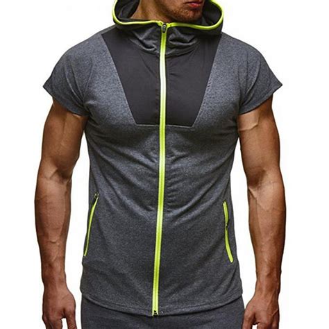 Men Casual Hooded Short Sleeve T Shirt Summer Top Fitness Zipper Tee