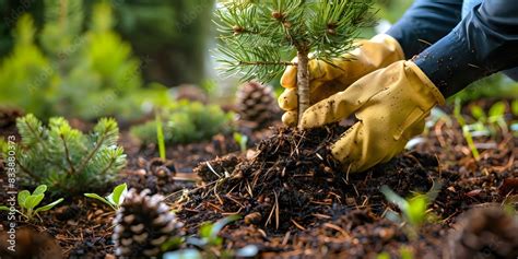 Planting Spruce Tree In Yard And Mulching With Pine Bark Gardener