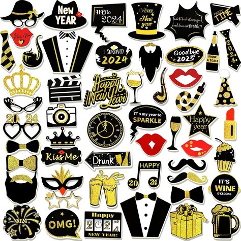 DPKOW 54pcs 2024 New Year S Eve Photo Booth Props Kits Black Gold 2024