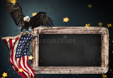 Empty Wooden Table With Bald Eagle And Usa Flag Background Stock Photo