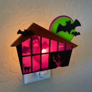 Mid Century Modern Haunted House Night Light Retro Halloween Decor