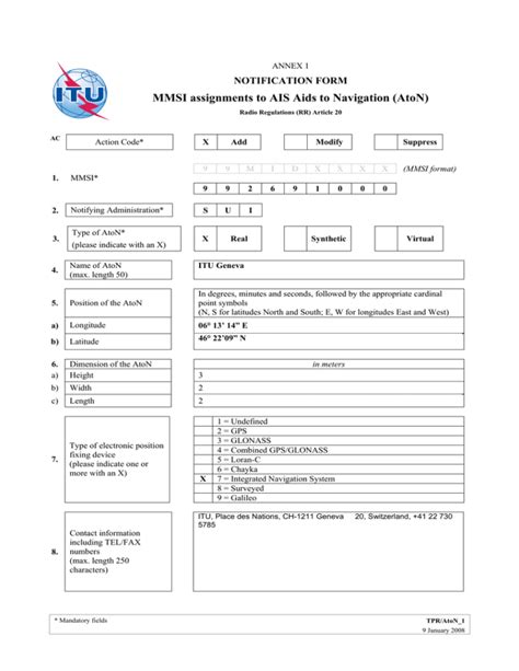 MMSI assignments to AIS Aids to Navigation (AtoN) NOTIFICATION FORM