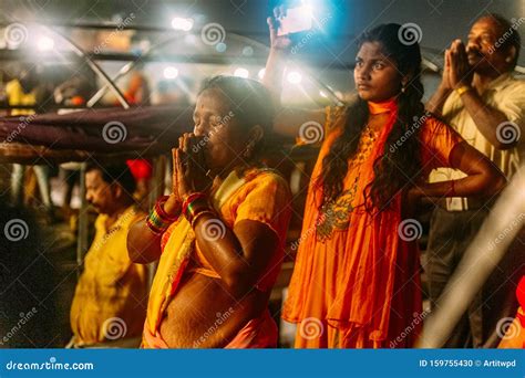 Indian Woman Praying On The Boat In The Area Of Varanasi Ganga Aarti At ...