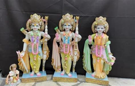 Painted Hindu Marble Ram Darbar Statue With Hanuman For Worship Size