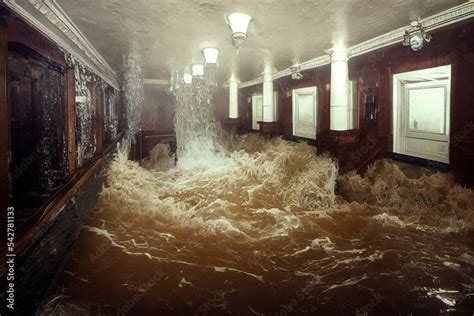 Interior Of Sinking Ship With Water Flooding And Rushing In Open Sea