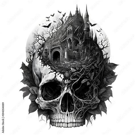 Gothic skull with haunted mansion pencil drawing illustration ...