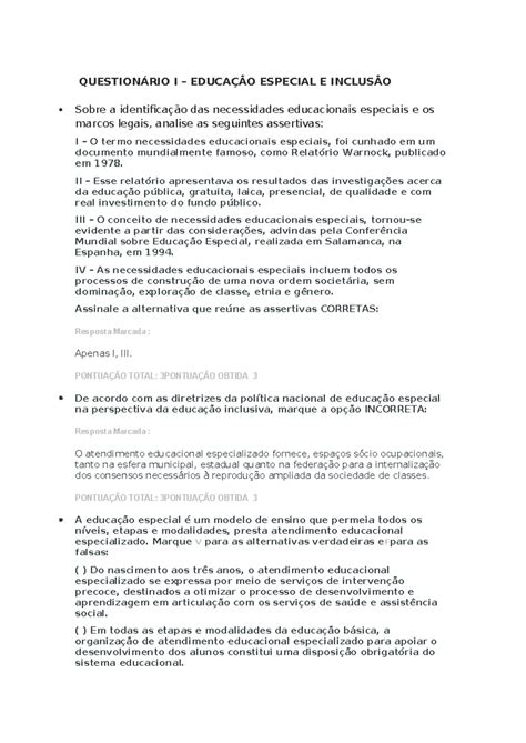 Questionário faveni novo QUESTIONÁRIO I EDUCAÇÃO ESPECIAL E