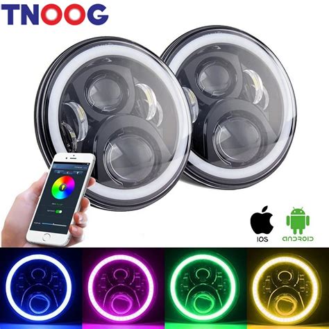 7 Round DRL Headlamp Flashing RGB Angel Eye Halo Ring Bluetooth