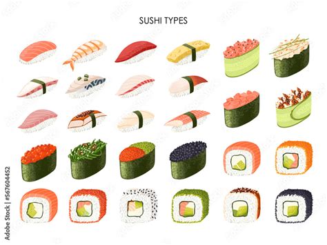 Japanese Sushi Types Vector Set Rolls Nigiri And Gunkan On White