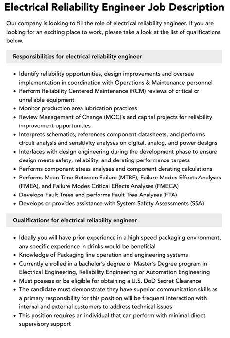 Electrical Reliability Engineer Job Description Velvet Jobs