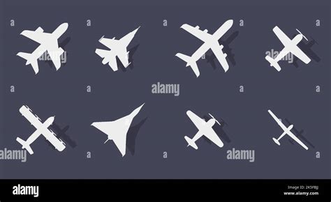 Eight Aircraft Of Different Types Airplane Silhouette With Shadow