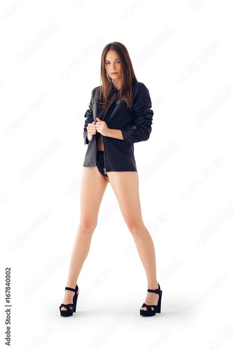 Attractive Girl Posing On White Background In Lingerie And Leather Jacket Model Tests Stock