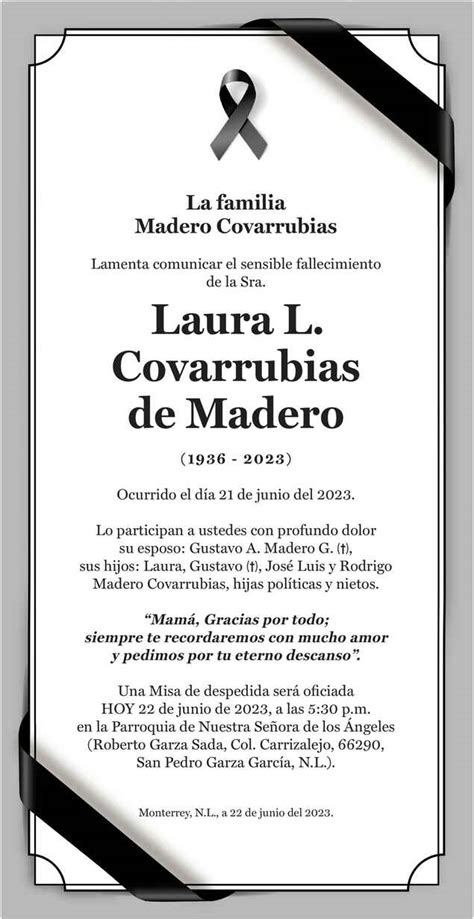 Señora Laura L Covarrubias Madero Obituario Esquela