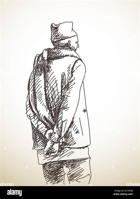 Sketch Of Nepali Man From Back With Scarf Around His Neck Hand Drawn