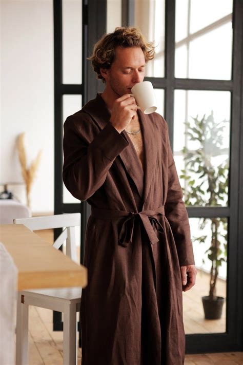 Linen Robe for Men, Natural Loungewear, Brown Dressing Gown, Handmade ...