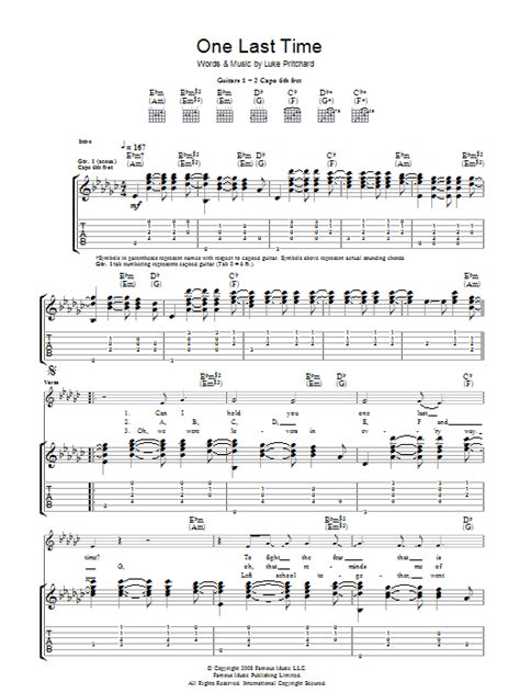 One Last Time Guitar Tab Print Sheet Music Now