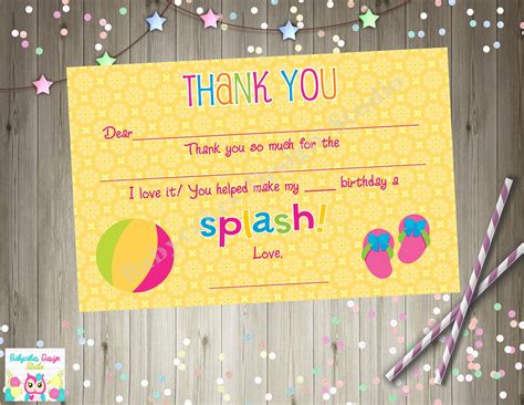 Pool Party Thank You Card Splash Party Thank You Note Card Fill In Note