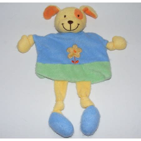 Doudou Plat Chien Bleu Vert Jaune Fleur Pommette