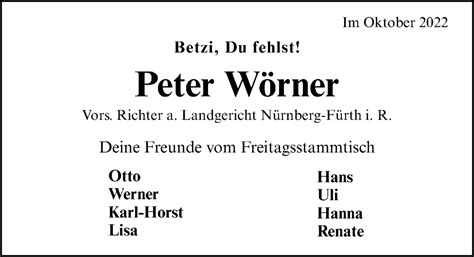 Traueranzeigen Von Peter W Rner Trauer Nn De