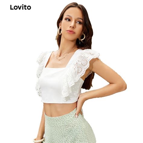 Lovito Boho Plain Square Neck Frill Sleeve Crop Tank Top L24ld088