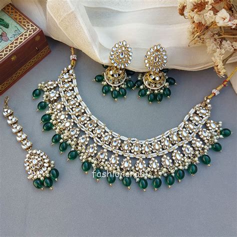 Green Color Bridal Kundan Jewellery Set FashionCrab