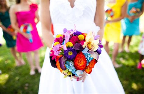 vibrant bright bridal bouquets colorful mix and match bridesmaid dresses